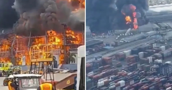 哥伦比亚集装箱码头爆炸引发大火